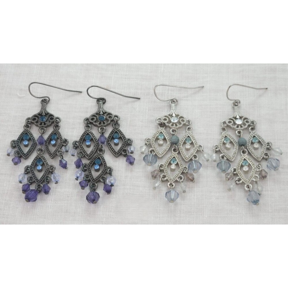 Vintage Style Chandelier Dangle Earrings Lot (2) - Silver Gunmetal Crystal Boho